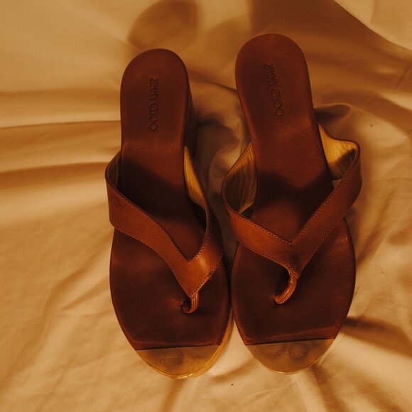 JIMMY CHOO WOMENS SZ 9 1/2 BROWN PLATFORM CORK SANDLE WEDGES - Picture 2 of 11